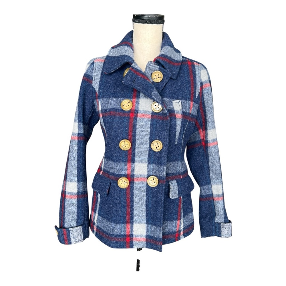 American Eagle Preppy Tartan Plaid Peacoat | Navy & Red Winter Jacket Size S